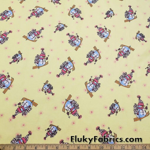 Winter Themed Vintage Cotton Rib Knit Fabric – Skiing Snowmen on Pastel Yellow