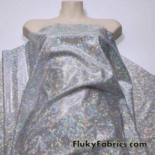 Silver Iridescent Shattered Glass Style 4-Way Stretch Spandex Fabric | Metallic Finish