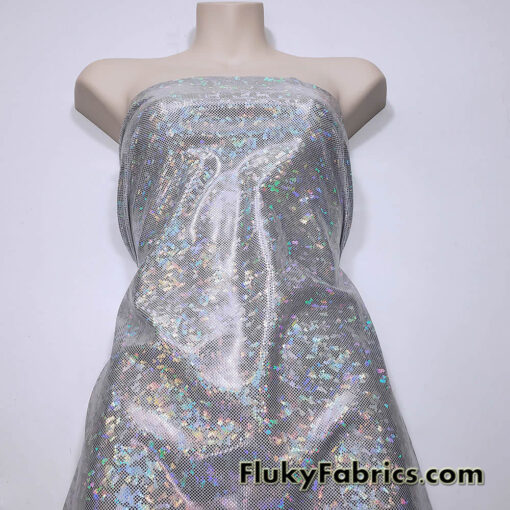 Silver Iridescent Shattered Glass Style 4-Way Stretch Spandex Fabric | Metallic Finish