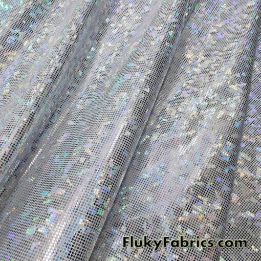 Silver Iridescent Shattered Glass Style 4-Way Stretch Spandex Fabric | Metallic Finish