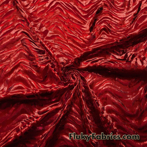Zebra/Tiger Candy Red Metallic Foil on Crimson Red Crushed Velvet Fabric