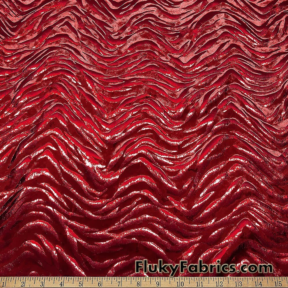 Zebra/Tiger Candy Red Metallic Foil on Crimson Red Crushed Velvet Fabric