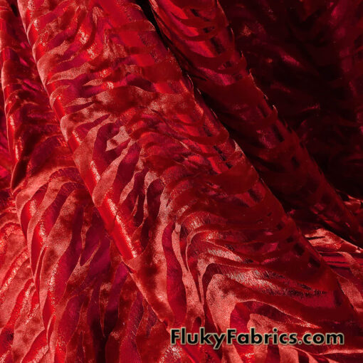Zebra/Tiger Candy Red Metallic Foil on Crimson Red Crushed Velvet Fabric