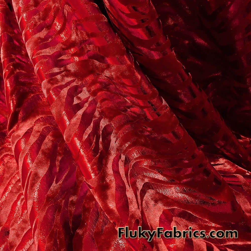 Zebra/Tiger Candy Red Metallic Foil on Crimson Red Crushed Velvet Fabric by  The Yard 