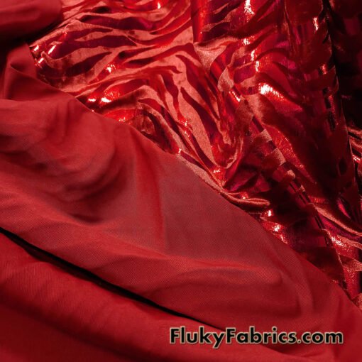 Zebra/Tiger Candy Red Metallic Foil on Crimson Red Crushed Velvet Fabric