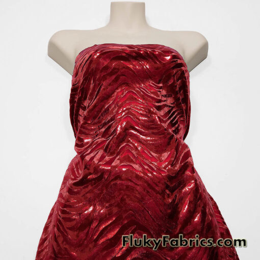 Zebra/Tiger Candy Red Metallic Foil on Crimson Red Crushed Velvet Fabric