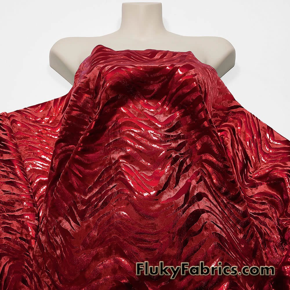 Zebra/Tiger Candy Red Metallic Foil on Crimson Red Crushed Velvet Fabric