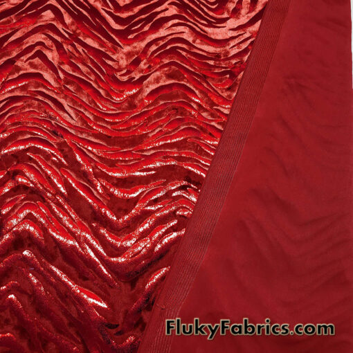 Zebra/Tiger Candy Red Metallic Foil on Crimson Red Crushed Velvet Fabric