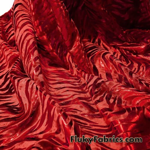 Zebra/Tiger Candy Red Metallic Foil on Crimson Red Crushed Velvet Fabric