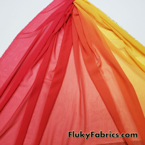 Red to Orange to Yellow Ombre Chiffon Fabric – 100% Polyester, Sheer with Fluid Drape – 59/60″ Wide