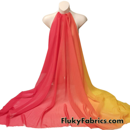 Red to Orange to Yellow Ombre Chiffon Fabric – 100% Polyester, Sheer with Fluid Drape – 59/60″ Wide