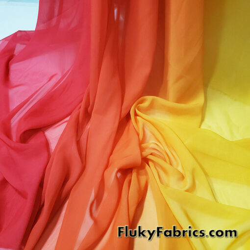 Red to Orange to Yellow Ombre Chiffon Fabric – 100% Polyester, Sheer with Fluid Drape – 59/60″ Wide