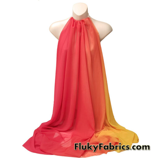 Red to Orange to Yellow Ombre Chiffon Fabric – 100% Polyester, Sheer with Fluid Drape – 59/60″ Wide