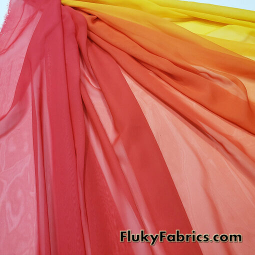 Red to Orange to Yellow Ombre Chiffon Fabric – 100% Polyester, Sheer with Fluid Drape – 59/60″ Wide