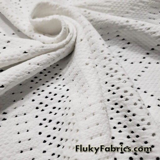 Small Hearts Off White Faux Crochet 4-Way Stretch Nylon Spandex Fabric