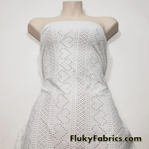 Small Hearts Off White Faux Crochet 4-Way Stretch Nylon Spandex Fabric