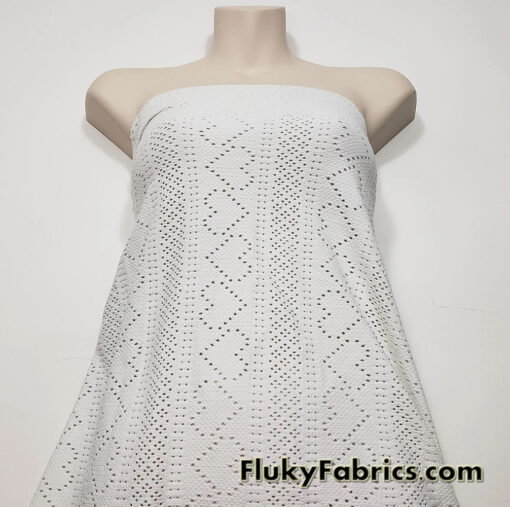 Small Hearts Off White Faux Crochet 4-Way Stretch Nylon Spandex Fabric