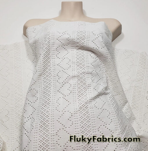Small Hearts Off White Faux Crochet 4-Way Stretch Nylon Spandex Fabric