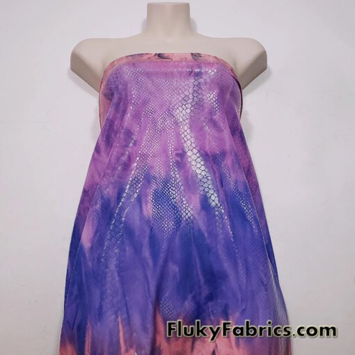 Abstract Tie Dye with Clear Foil Snake Skin 2-Way Stretch Spandex Fabric – Purple, Orange & Violet