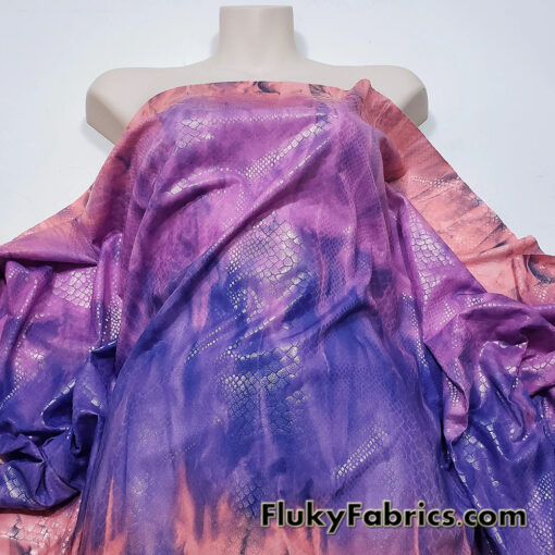Abstract Tie Dye with Clear Foil Snake Skin 2-Way Stretch Spandex Fabric – Purple, Orange & Violet