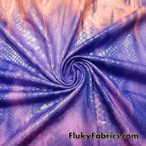 Abstract Tie Dye with Clear Foil Snake Skin 2-Way Stretch Spandex Fabric – Purple, Orange & Violet