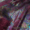 Iridescent Foil on Burgundy Exotic Dragon Scales Black Metallic Foil on Crushed Ice Velvet 4-Way Stretch Fabric