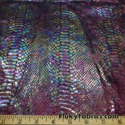 Iridescent Foil on Burgundy Exotic Dragon Scales Black Metallic Foil on Crushed Ice Velvet 4-Way Stretch Fabric by the Yard @flukyfabrics