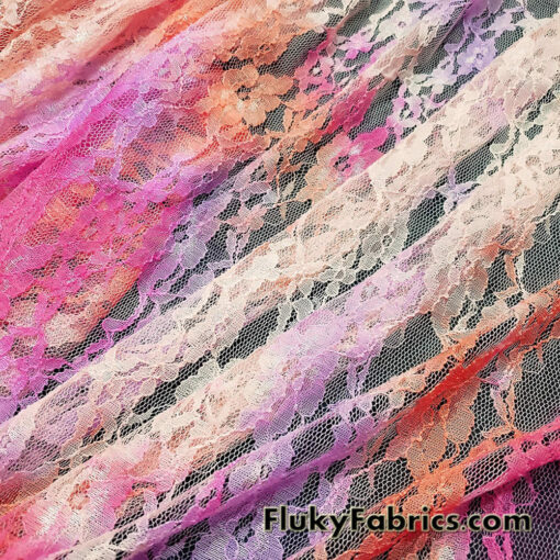 Light Peach 4-Way Stretch Floral Lace Fabric with Tie-Dye Design