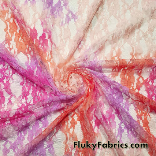 Light Peach 4-Way Stretch Floral Lace Fabric with Tie-Dye Design
