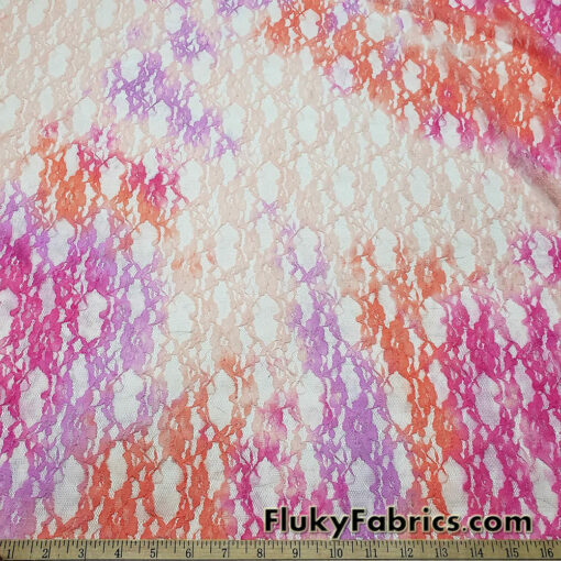 Light Peach 4-Way Stretch Floral Lace Fabric with Tie-Dye Design