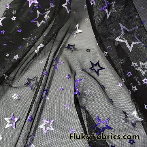Purple and Silver Foil Stars on 2-Way Stretch Black Mesh Fabric