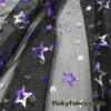 Purple and Silver Foil Stars on 2-Way Stretch Black Mesh Fabric