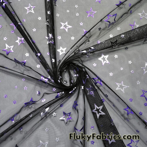 Purple and Silver Foil Stars on 2-Way Stretch Black Mesh Fabric