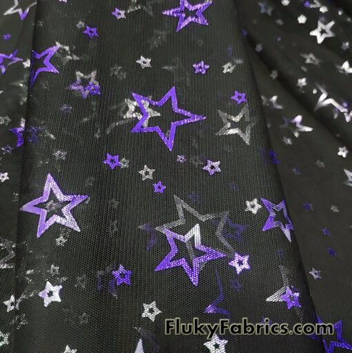 Purple and Silver Foil Stars on 2-Way Stretch Black Mesh Fabric