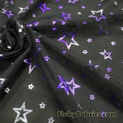 Purple and Silver Foil Stars on 2-Way Stretch Black Mesh Fabric by the Yard @flukyfabrics