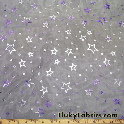 Purple and Silver Foil Stars on 2-Way Stretch Black Mesh Fabric