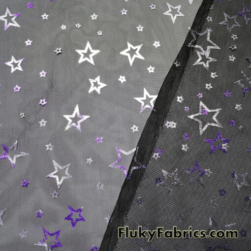 Purple and Silver Foil Stars on 2-Way Stretch Black Mesh Fabric