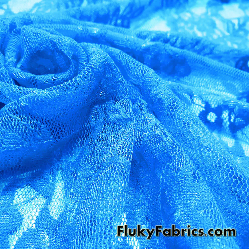 Azure Blue 4-Way Stretch Lace Fabric - Lightweight and Sheer @flukyfabrics