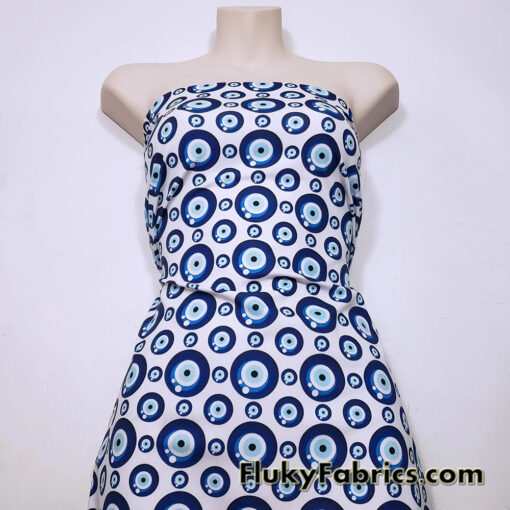 Evil Eye Nazar Print Fabric – Navy, Royal & Light Blue Eyes on White 4-way Stretch Poly Spandex