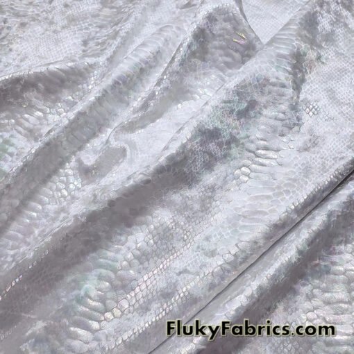 Iridescent on White Exotic Dragon Scales Iridescent Metallic Foil on Crushed Ice Velvet 4-Way Stretch Fabric