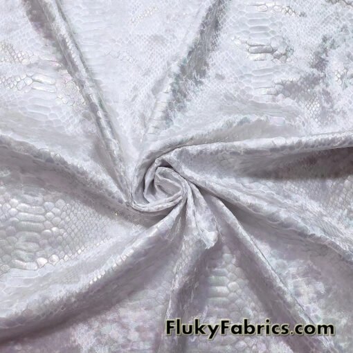 Iridescent on White Exotic Dragon Scales Iridescent Metallic Foil on Crushed Ice Velvet 4-Way Stretch Fabric