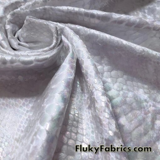 Iridescent on White Exotic Dragon Scales Iridescent Metallic Foil on Crushed Ice Velvet 4-Way Stretch Fabric