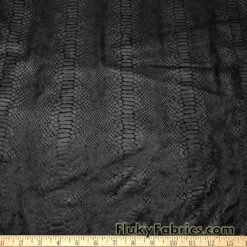 Faux Leather/Vinyl Black on Black Exotic Dragon Scales Black Matte Foil on Crushed Ice Velvet 4-Way Stretch Fabric @flukyfabrics