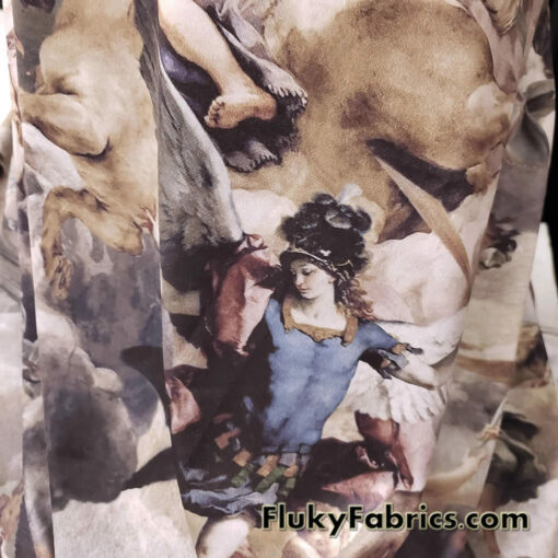Renaissance Painting Style Poly Spandex Fabric – Celestial Archangels and Cherubs