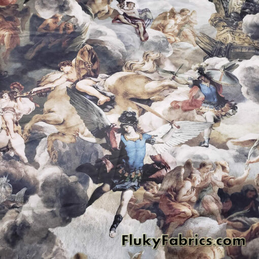Renaissance Painting Style Poly Spandex Fabric – Celestial Archangels and Cherubs