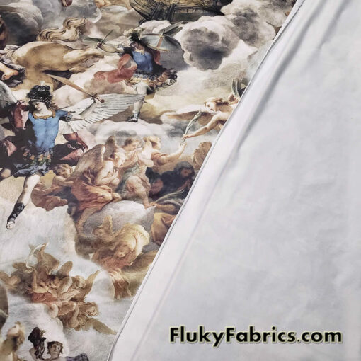 Renaissance Painting Style Poly Spandex Fabric – Celestial Archangels and Cherubs