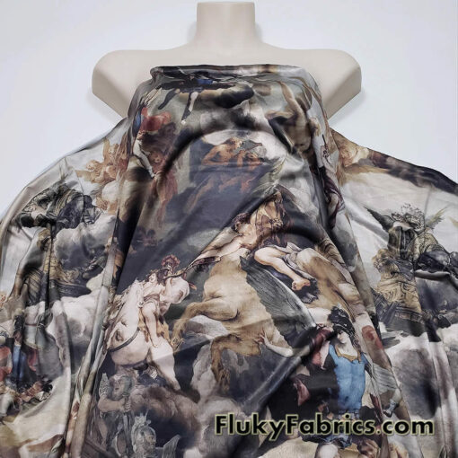 Renaissance Painting Style Poly Spandex Fabric – Celestial Archangels and Cherubs