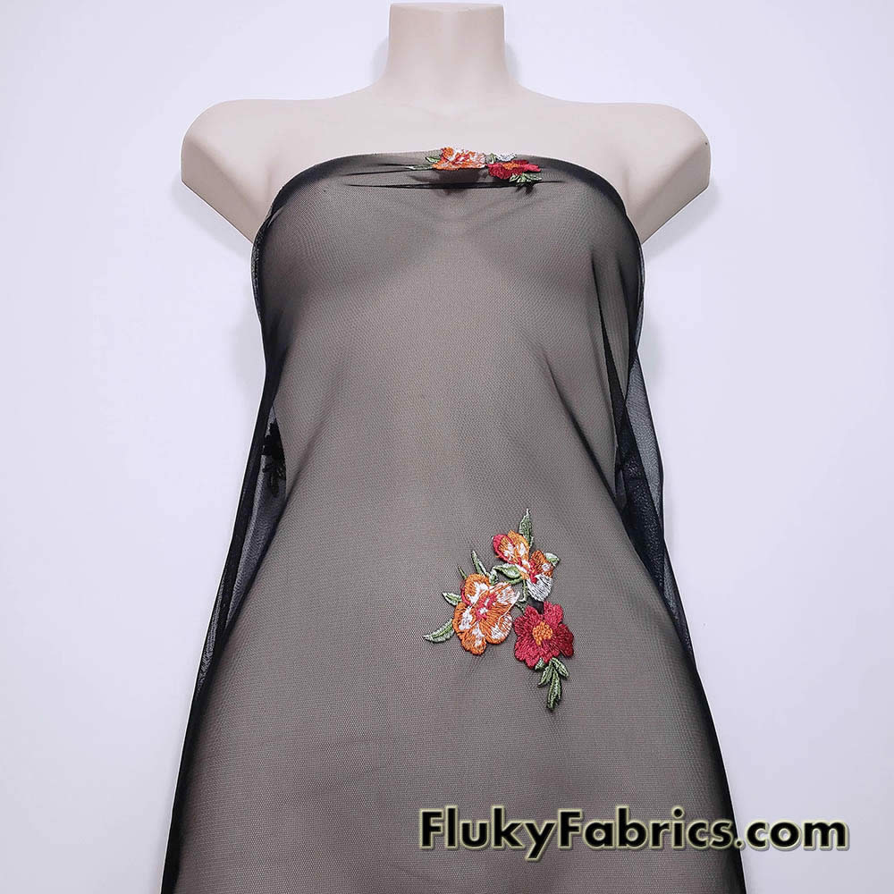 Colorful Embroidered Wildflower Mesh Fabric 2-Way Stretch Black Sheer Poly Spandex - Fluky Fabrics Online Shop Colorful Embroidered Wildflower Mesh Fabric 2-Way Stretch Black Sheer Poly Spandex - Fluky Fabrics Online Shop