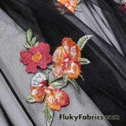 Colorful Embroidered Wildflower Mesh Fabric – 2-Way Stretch Black Sheer Poly Spandex @flukyfabrics