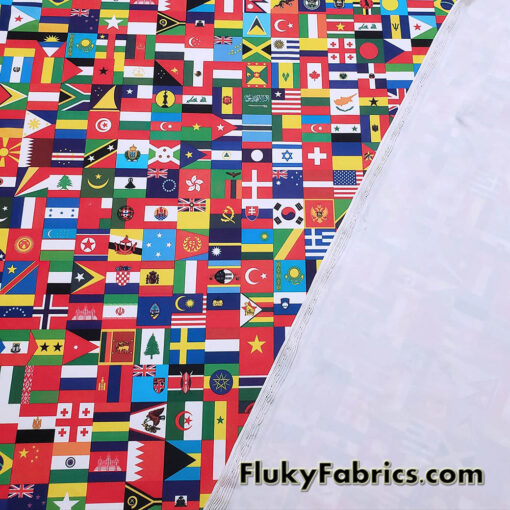Flags of the World Print – 4-Way Stretch White Nylon Spandex Fabric